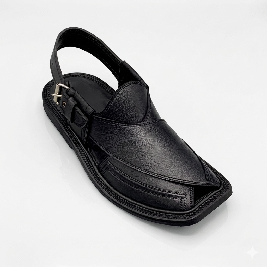 Black Leather  Round Shape Low Sole